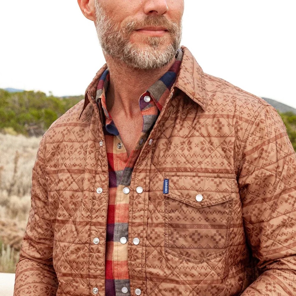 Criquet Quilted Shacket Brown Fair Isle Print Shirt Jacket Mens Large NWT - Picture 2 of 9